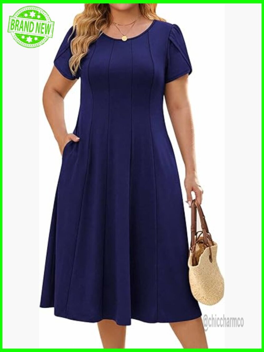 Plus Size Casual Midi Dress with Pockets, Petal Sleeve Summer Sundress